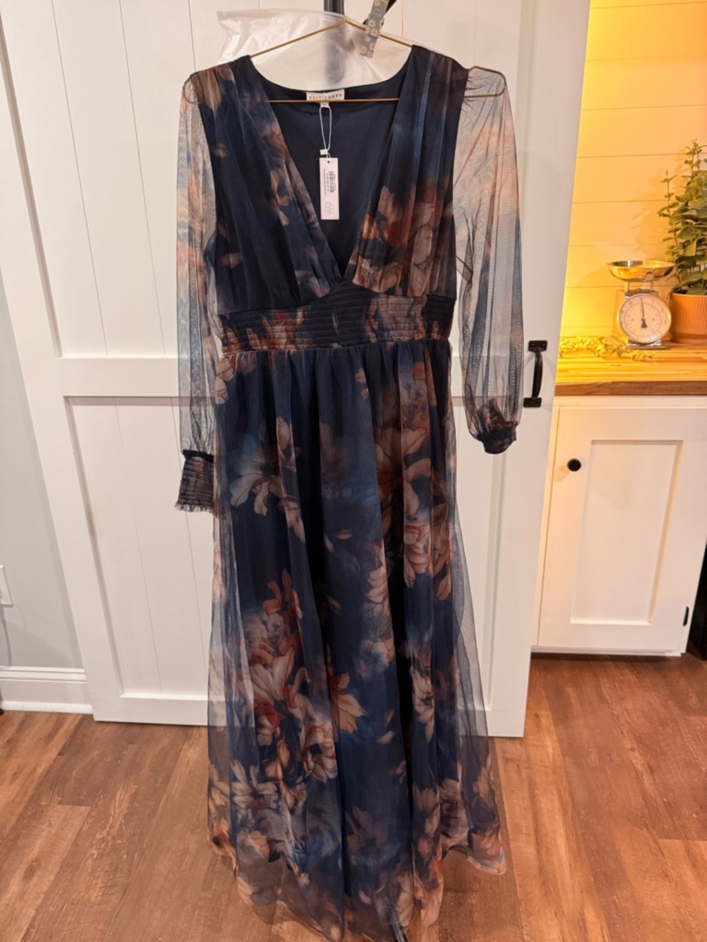 Baltic Born Navy Floral Mesh Maxi Dress with Brown Accents